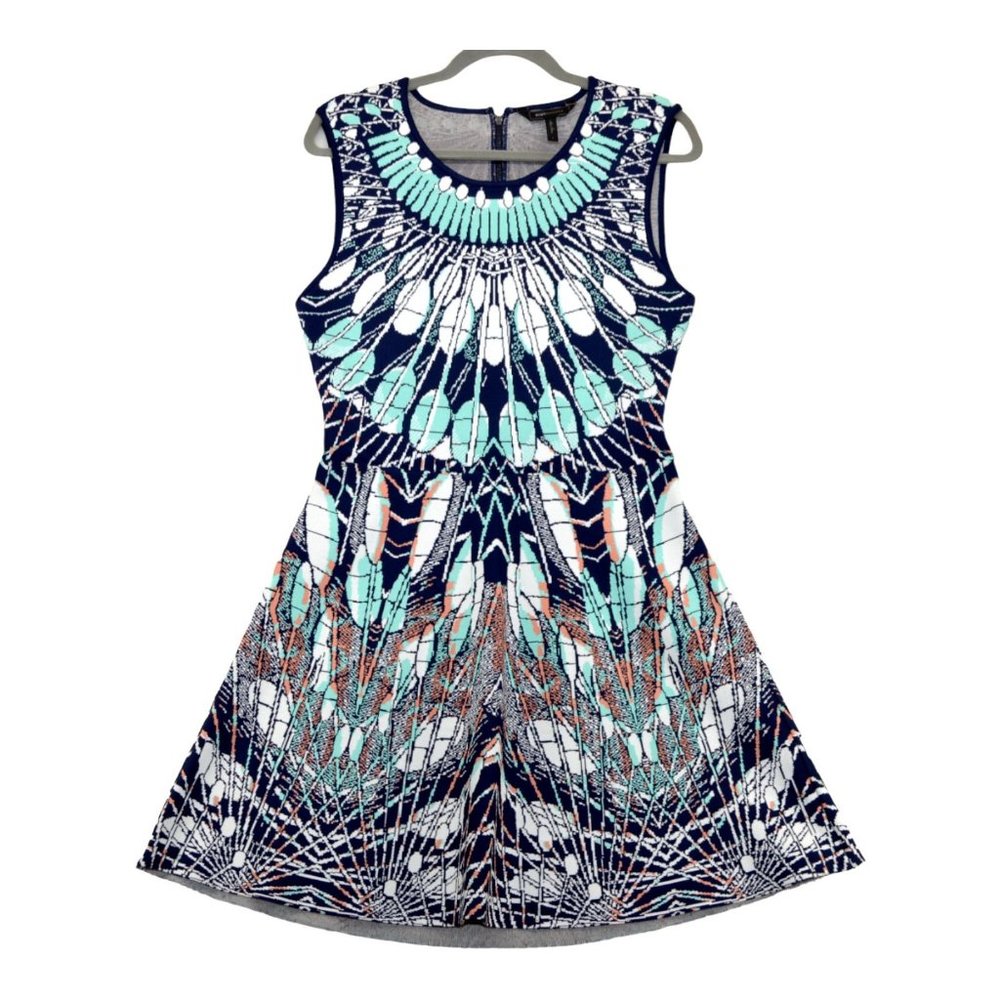 BCBGMAXAZRIA Wilma Batik Fans Jacquard A-Line Large Blues Multicolor